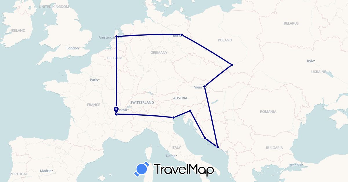 TravelMap itinerary: driving in Austria, Germany, France, Croatia, Italy, Netherlands, Poland, Slovenia (Europe)