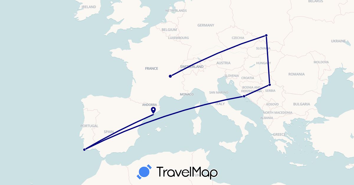 TravelMap itinerary: driving in Spain, France, Croatia, Poland, Portugal, Serbia (Europe)