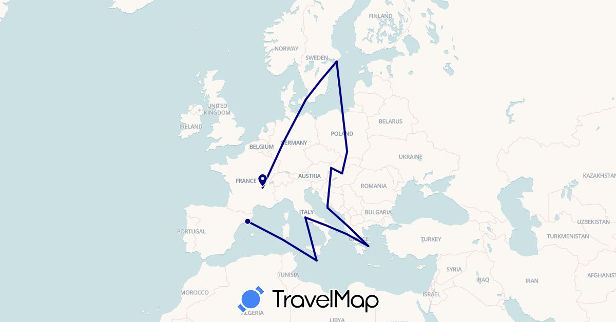 TravelMap itinerary: driving in Denmark, Spain, France, Greece, Croatia, Hungary, Italy, Malta, Poland, Sweden, Slovakia (Europe)